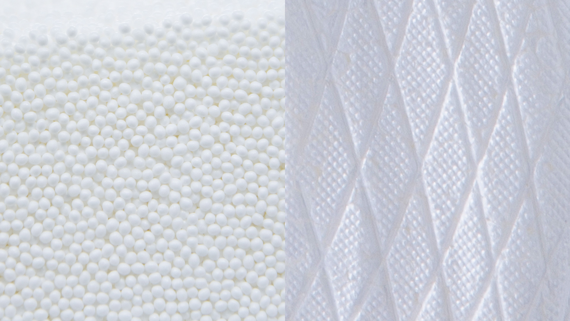 『ELASTIL BIO』発泡粒（写真左）／ミッドソールの表面デザイン（写真右）